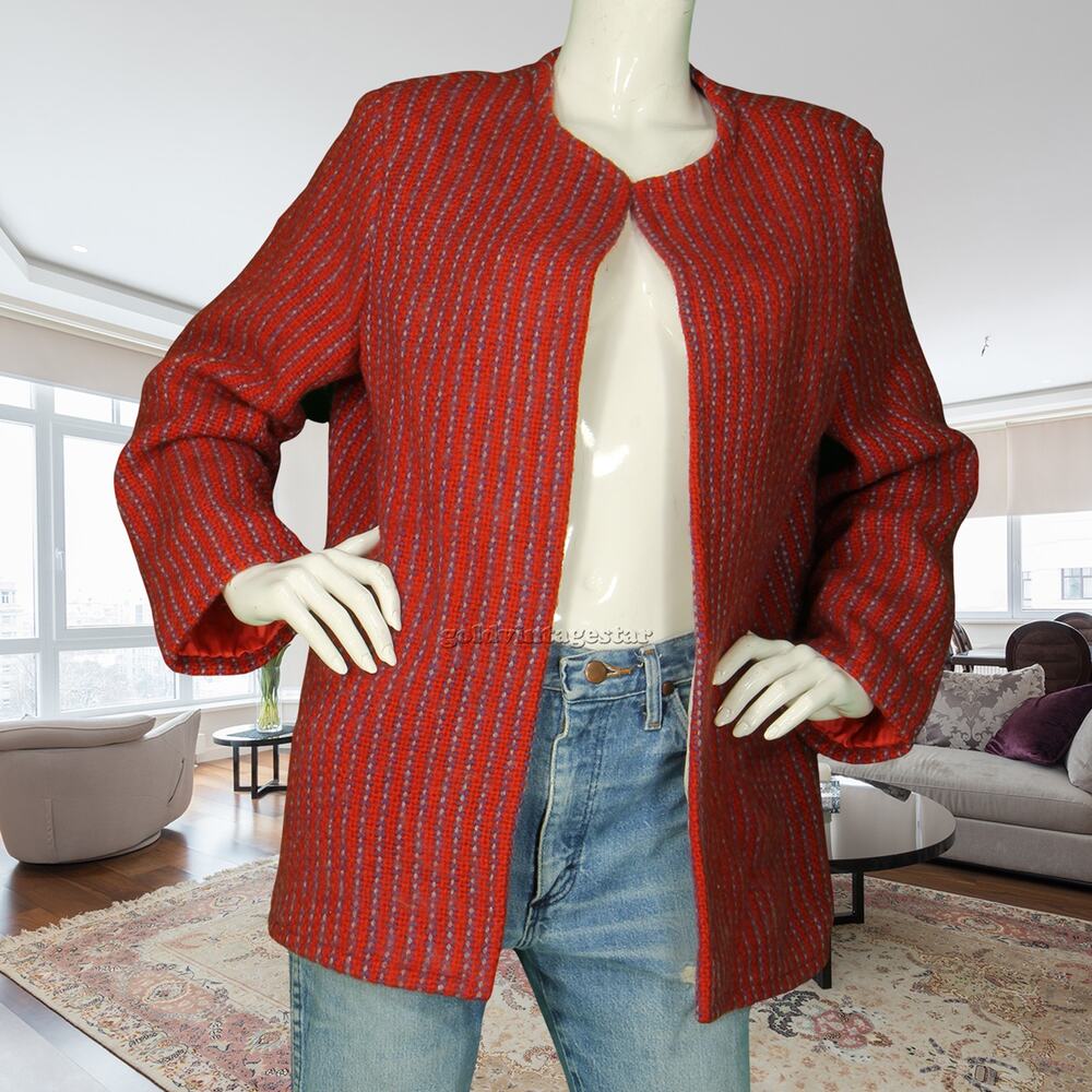 Vintage Vertical Striped Wool Open Blazer Coat Jacket M